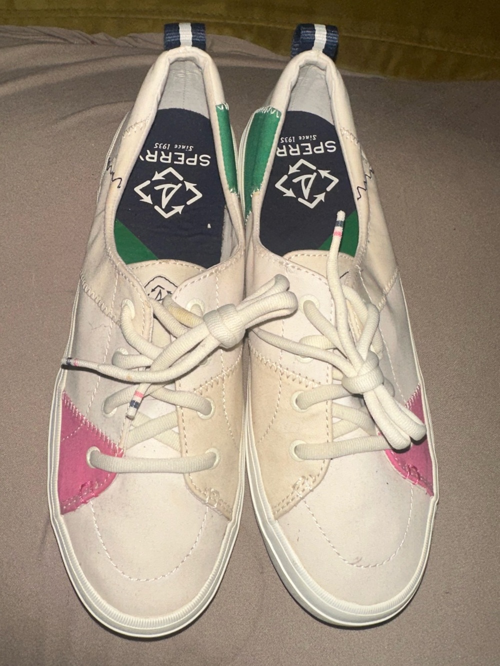 Sperry White Canvas Sneakers with Pink and Green Accents